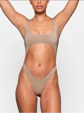 Skims Glitter Gold Metallic Cutout One-Piece Monokini Sienna Beige Swimsuit L
